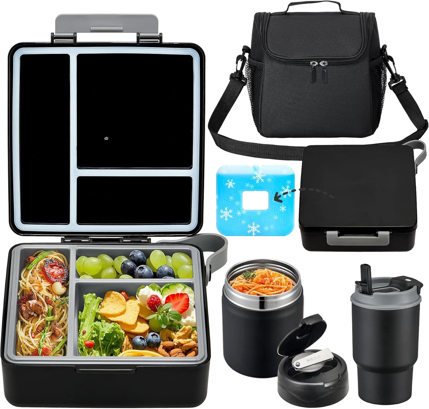Bento Lunch Box for Kids with 17oz Soup Thermo,Insulated Tumbler Water Bottle and Insulated Lunch Bag,Leak-Proof 3 Compartment Lunch Food Container with Ice Pack for Kids to School-Horse