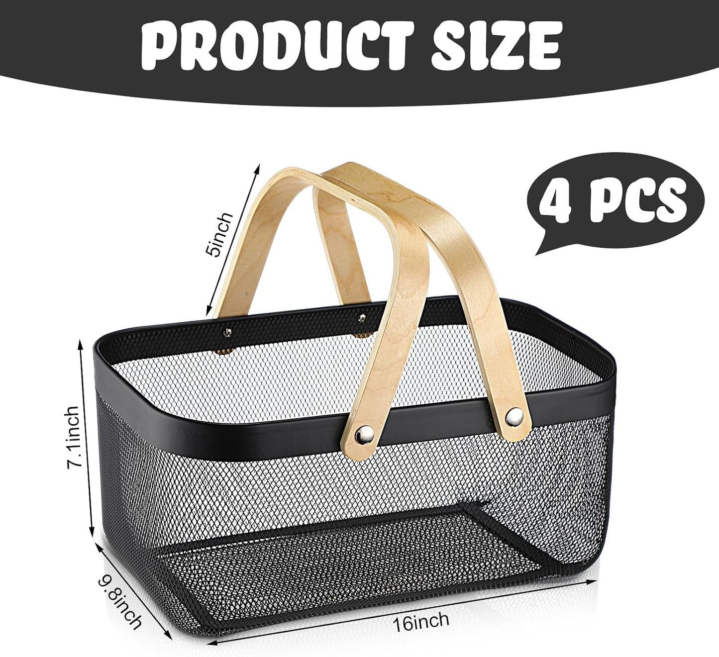 Sadnyy 4 Pcs Macaron Metal Wire Storage Basket with Handle Mesh Harvest Durable Vegetables Fruit Toy Basket for Garden Organizing, Kitchen, Countertop, Closet, Bedroom (16 x 9.8 x 7.1 Inch)