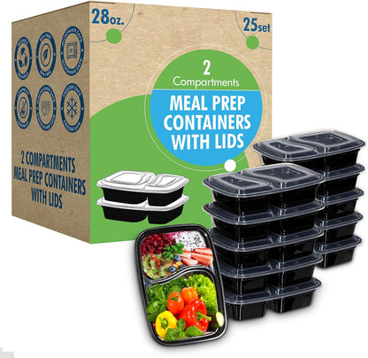 SafeWare Meal Prep Container Reusable 2 Compartment With Lids 28oz (25 Sets)- Food Prep Containers, Food Storage Bento Box | Stackable | Microwave | Dishwasher | Freezer Safe.