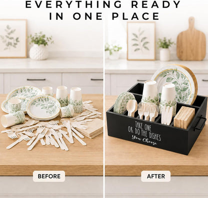 Paper Plate Holder, Plastic Silverware Caddy, Plastic Utensil Dispenser for Party Buffet Camping BBQ, Disposable Spoon Fork Knives Dish Cup Napkin Storage Organizer for Kitchen Counter (White)