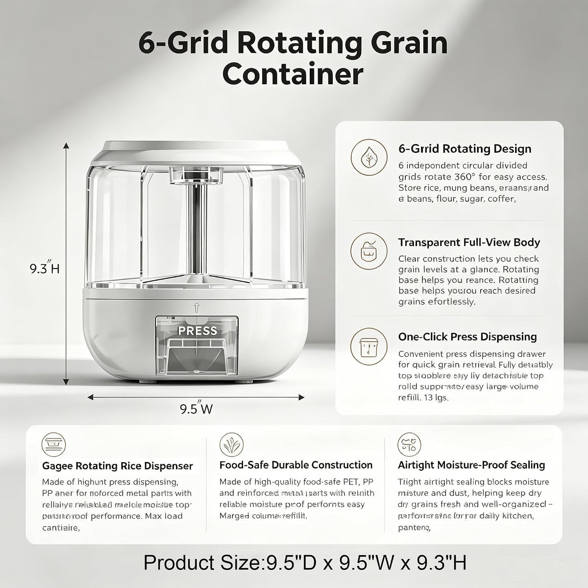 Gagee 11 Lbs Rice Dispenser, Clear | Grain Container Storage, With Lid, Measuring Cylinder, Moisture Proof, Household Cereal Dispenser Bucket