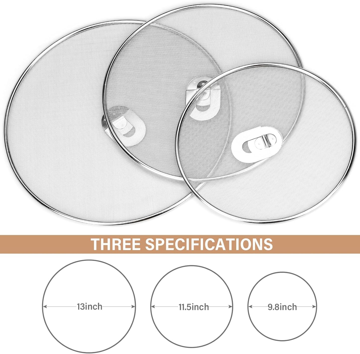Splatter Screen for Frying Pan 13" 11.5" 9.8" Stainless Steel Fine Mesh Grease Splatter Guard with Comfort Silicone Handles and Resting Feet for Prevent Oil Splatter Safe Cooking