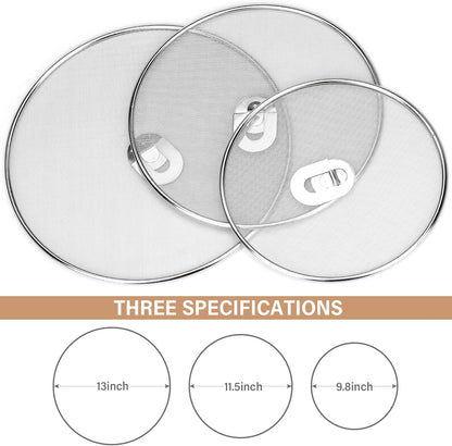 Splatter Screen for Frying Pan 13" 11.5" 9.8" Stainless Steel Fine Mesh Grease Splatter Guard with Comfort Silicone Handles and Resting Feet for Prevent Oil Splatter Safe Cooking
