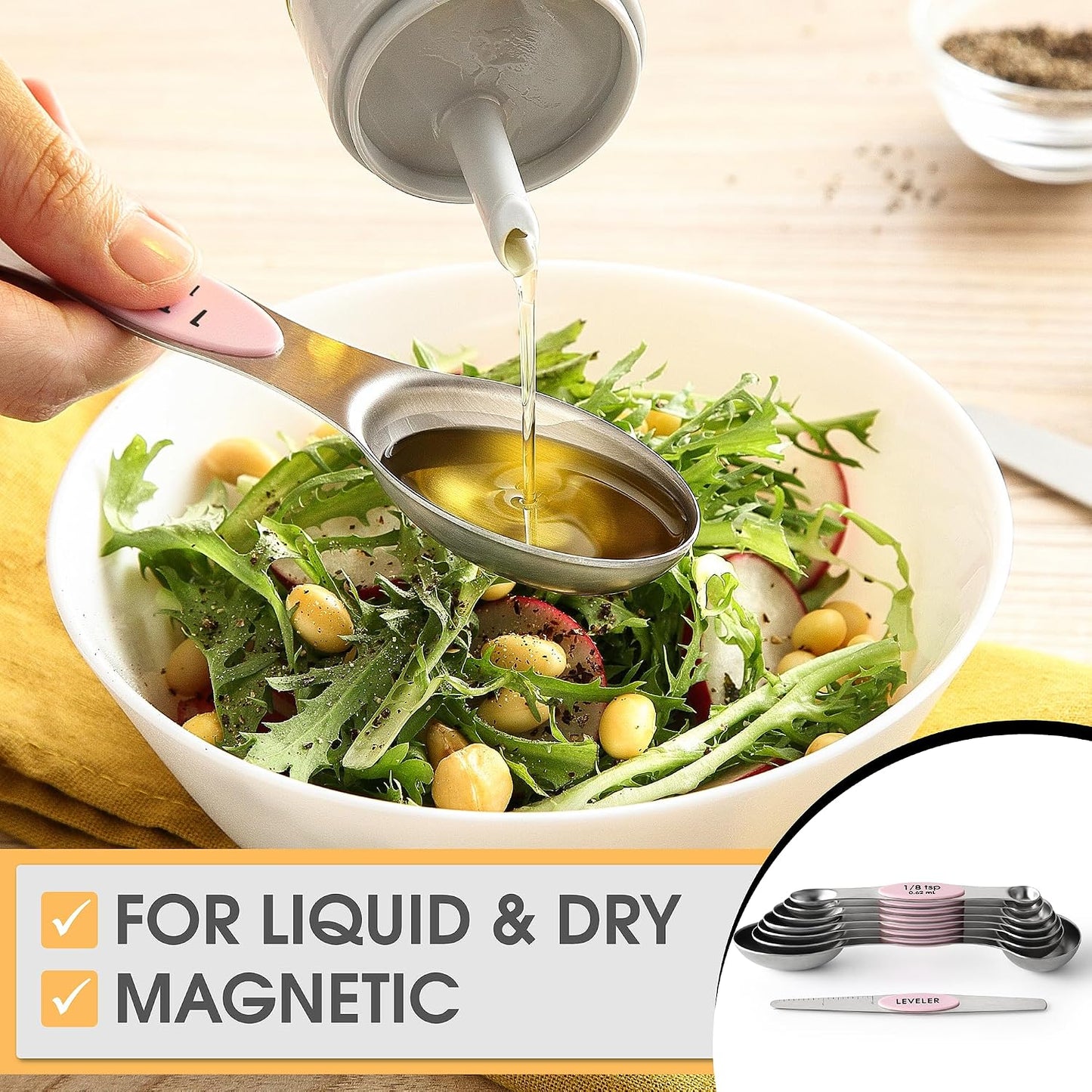 Spring Chef Stainless Steel Magnetic Measuring Spoons Set with Strong N45 Magnets, Heavy Duty Metal Kitchen Gadgets for Baking & Cooking, Fits in Most Kitchen Spice Jars, Set of 8 with Leveler, Black