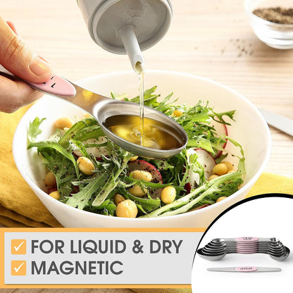 Spring Chef Stainless Steel Magnetic Measuring Spoons Set with Strong N45 Magnets, Heavy Duty Metal Kitchen Gadgets for Baking & Cooking, Fits in Most Kitchen Spice Jars, Set of 8 with Leveler, Black