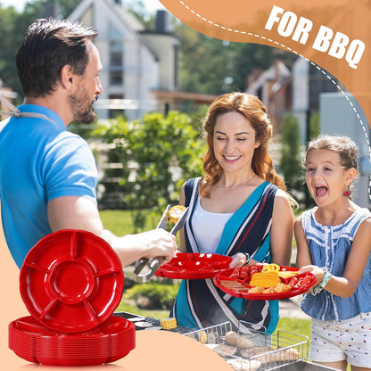Rtteri 12 Pcs Plastic Divided Serving Trays 12 Inch Round Chip Dip Plate 6 Sectional Snacks Serving Dish Food Platters for Party Candy Nuts Fruits Veggies(Colorful)