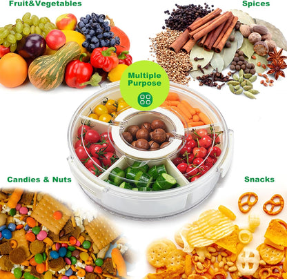 Rotating Divided Serving Tray with Lid and Handle,6 Compartments Snackle Box Container,12" Large Snack Spinner Lazy Susan,Fruit Veggie Tray Portable Round Snack Box Candy Fridge Organizer Platterbox