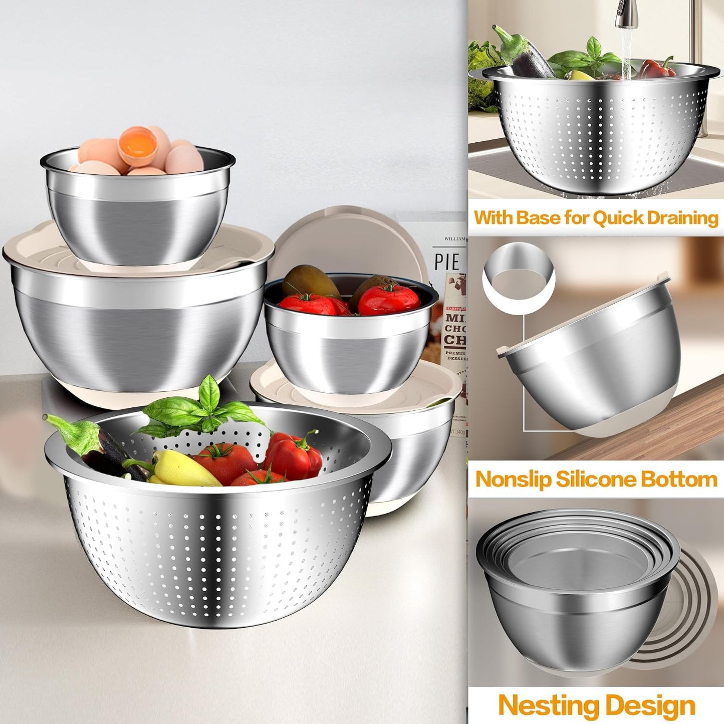 Mixing Bowls with Lids Set, 16PCS Stainless Steel Mixing Bowls,Nesting Storage Bowls for Kitchen with Mixing Bowls Set, Colander, Strainer & Grater , Metal Salad Bowl for Kitchen Gadgets , Cream
