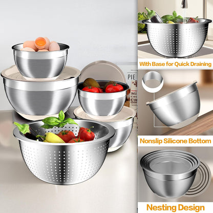 Mixing Bowls with Lids Set, 16PCS Stainless Steel Mixing Bowls,Nesting Storage Bowls for Kitchen with Mixing Bowls Set, Colander, Strainer & Grater , Metal Salad Bowl for Kitchen Gadgets , Cream