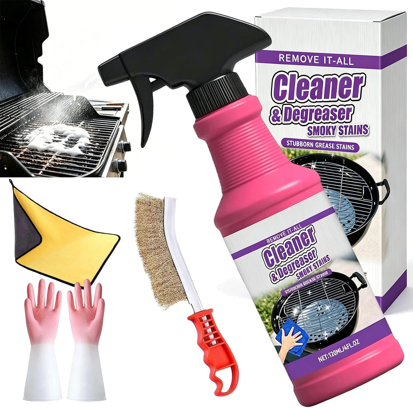 Fast-Acting Heavy-Duty Grill Degreaser Spray, No-stick BBQ Grill Cleaner Spray for Outdoor Grills, Heavy Duty Degreaser Cleaner for Grease, Oil, Burnt Food, Oven, Kitchen (2pc)