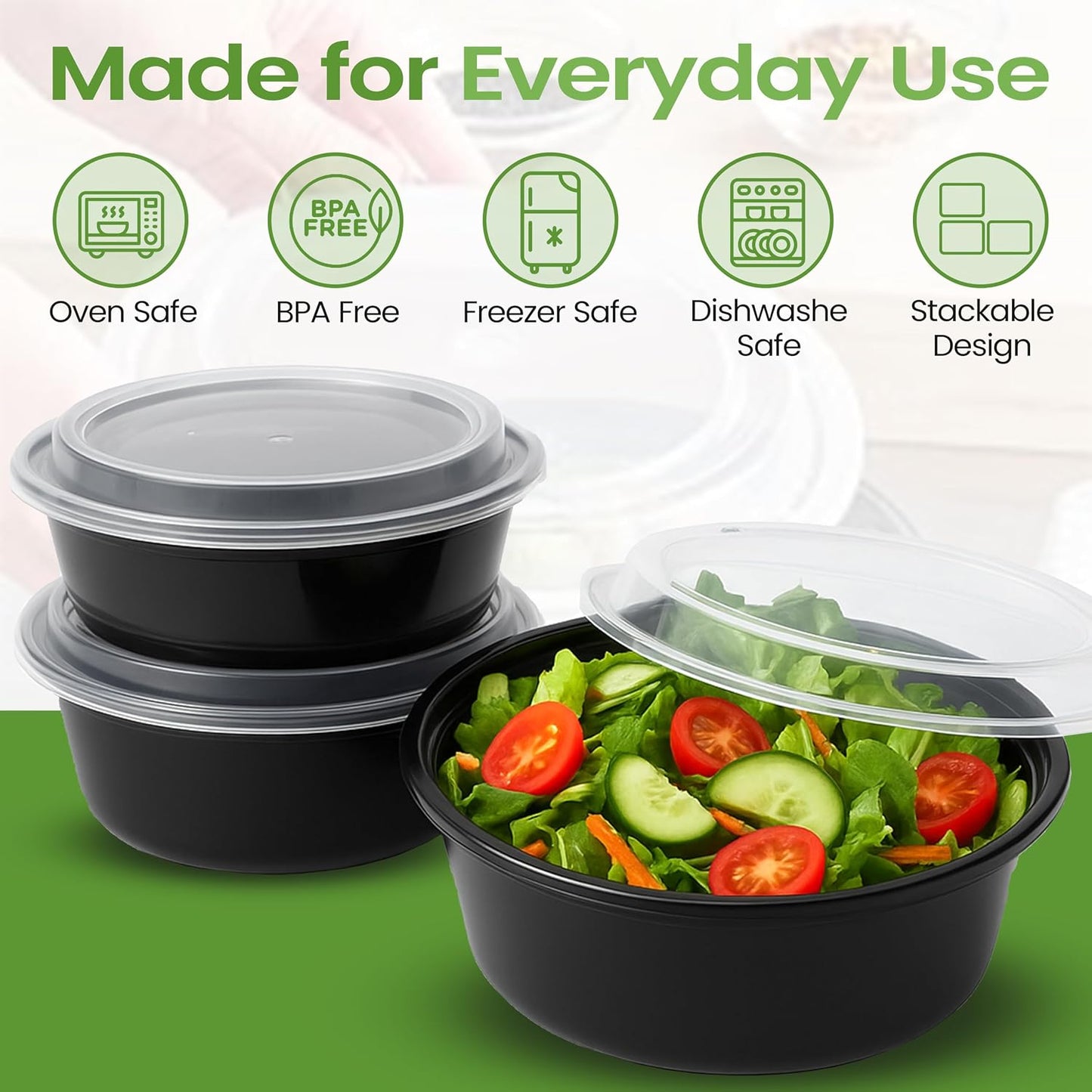 Velzy 10 PCs Microwavable Round Meal Prep Containers with Lids Reusable – 24 oz (3 Cups) Meal Prep Bowls with Lids Set, Microwave Safe