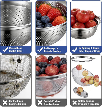 Stainless Steel Colander Set of 2, Nesting Kitchen Strainers with Handles & Stable Base, One-Piece Pasta Drainer for Fruit, Vegetables & Food Prep, Dishwasher Safe(2QT&3QT)