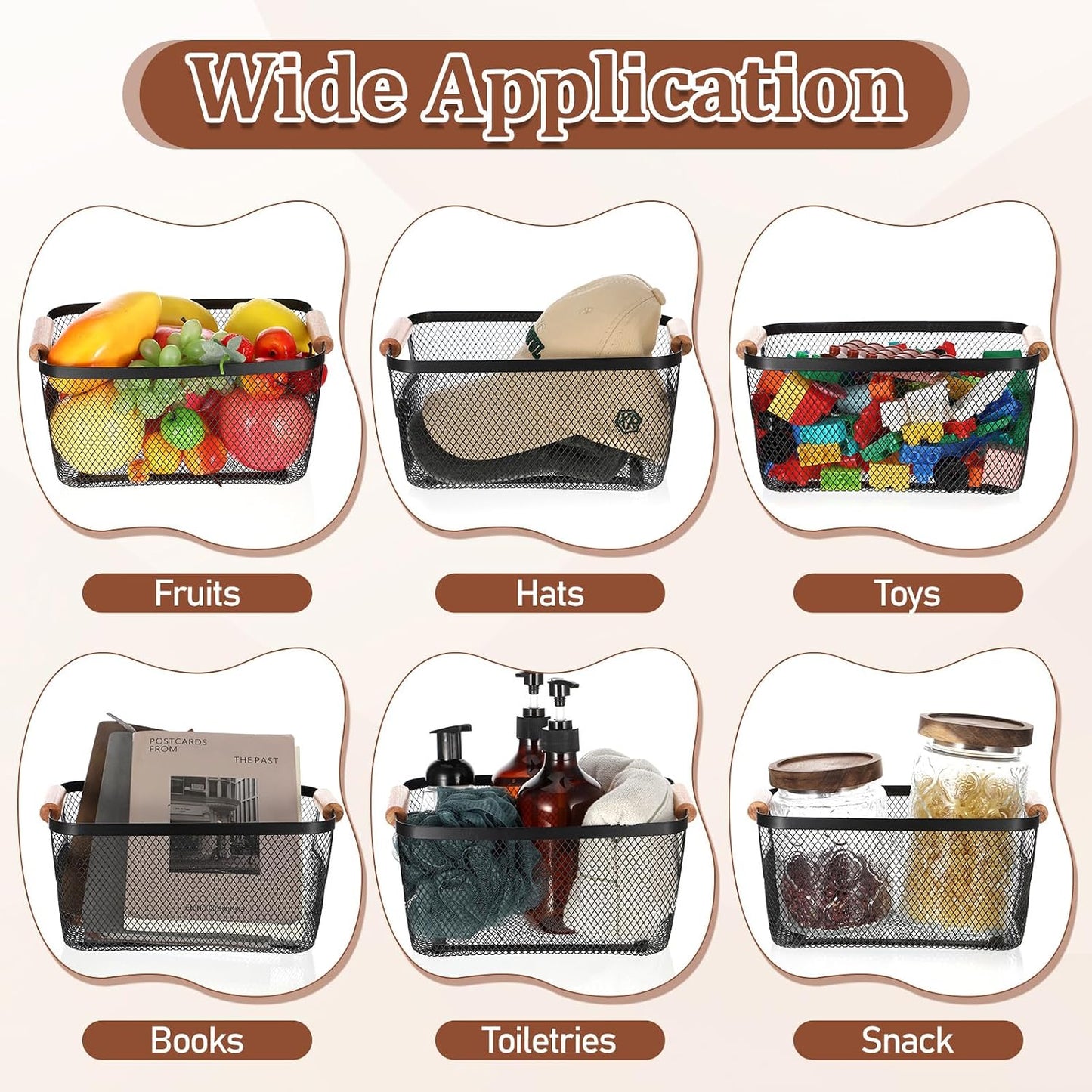 6 Pcs Metal Wire Basket with Wooden Handles, Black Mesh Steel Storage Organizer Bin Containers for Home Organizing Cabinet Pantry Closet Kitchen Fridge Fruit Makeup Snacks