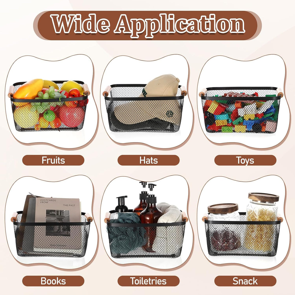 6 Pcs Metal Wire Basket with Wooden Handles, Black Mesh Steel Storage Organizer Bin Containers for Home Organizing Cabinet Pantry Closet Kitchen Fridge Fruit Makeup Snacks