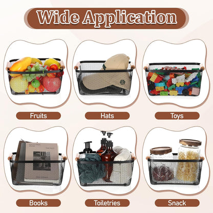 6 Pcs Metal Wire Basket with Wooden Handles, Black Mesh Steel Storage Organizer Bin Containers for Home Organizing Cabinet Pantry Closet Kitchen Fridge Fruit Makeup Snacks