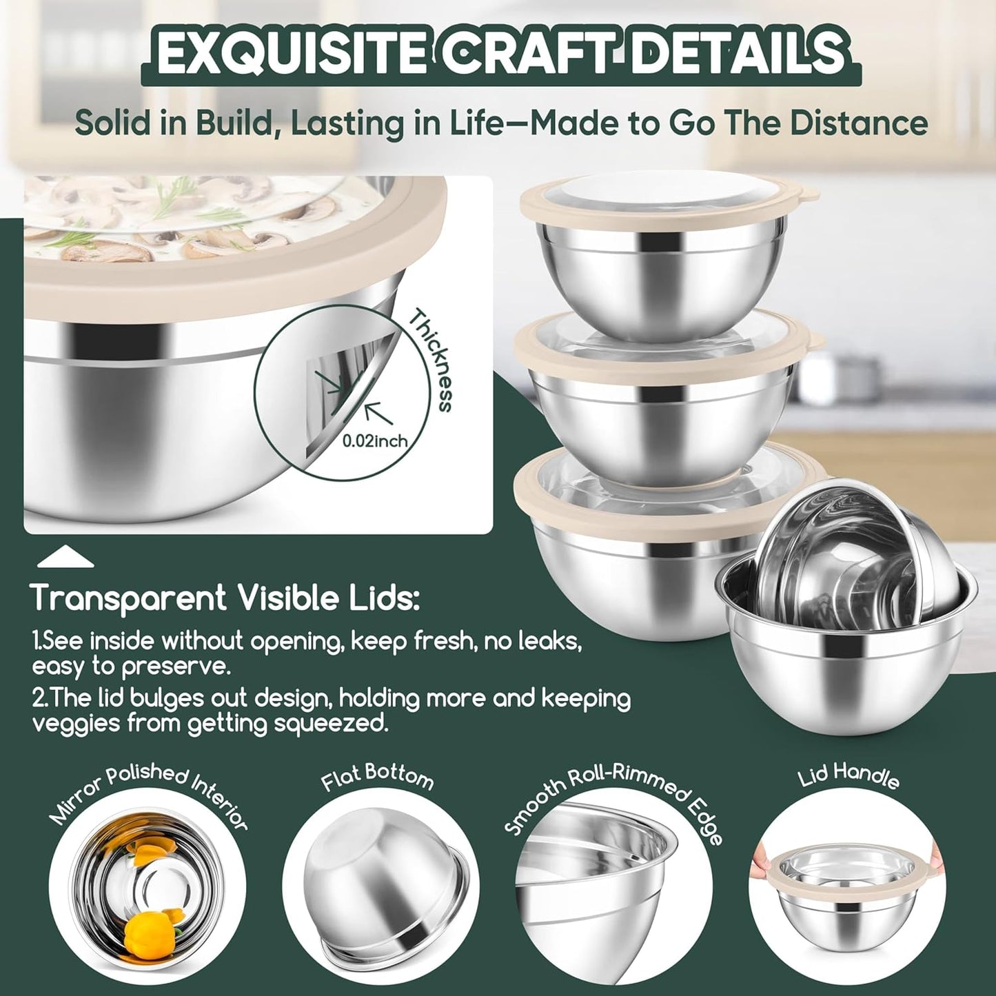 Herogo 5-Piece Mixing Bowls with Airtight Lids, 3 Grater Attachments, Stainless Steel Salad Serving Bowls for Kitchen, Size 4.6, 3.5, 2.5, 2, 1.5QT Ideal for Prepping & Cooking, Black