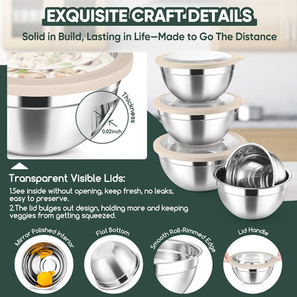 Herogo 5-Piece Mixing Bowls with Airtight Lids, 3 Grater Attachments, Stainless Steel Salad Serving Bowls for Kitchen, Size 4.6, 3.5, 2.5, 2, 1.5QT Ideal for Prepping & Cooking, Black