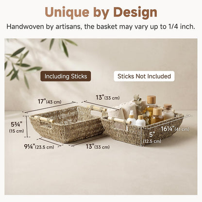 StorageWorks Hand-Woven Storage Baskets with Wooden Handles, Water Hyacinth Wicker Baskets for Organizing, 2 Pack