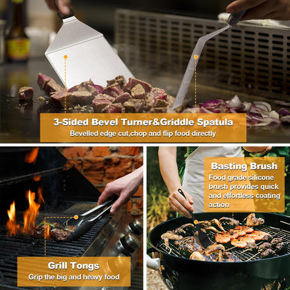 Griddle Accessories Kit, Terlulu 29 PCS Flat Top Grill Accessories for Blackstone and Camp Chef, Metal Spatula Set with Burger Press, Melting Dome, Scraper, Tongs, Carry Bag for Outdoor Grilling BBQ
