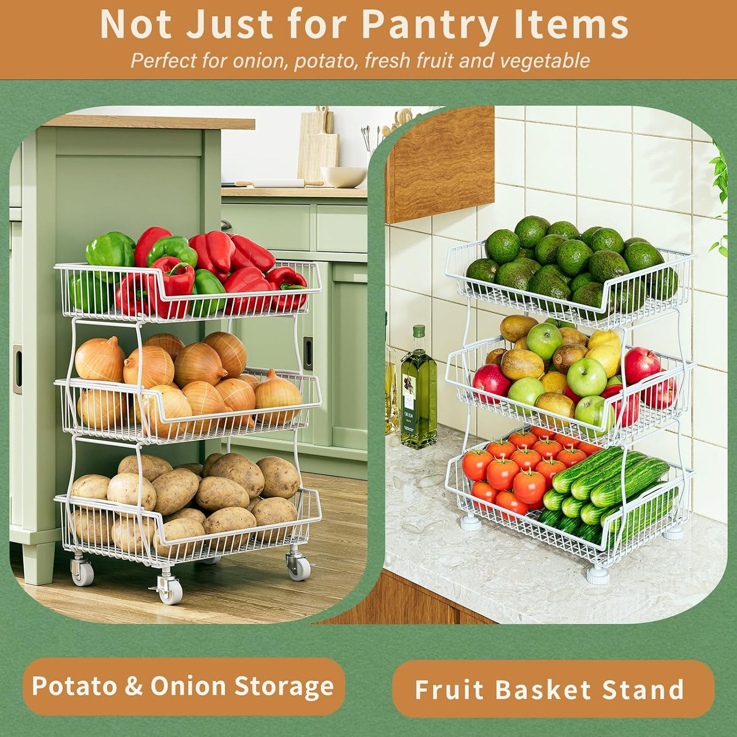 OKZEST 3-Tier Rolling Pantry Floor Organizer and Storage Cart with Wheels, Stackable Wire Pantry Baskets for Pantry Shelves, Kitchen Storage Rack and Fruit Basket Stand for Fruit Snack Onion Potato