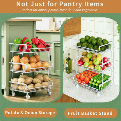 OKZEST 3-Tier Rolling Pantry Floor Organizer and Storage Cart with Wheels, Stackable Wire Pantry Baskets for Pantry Shelves, Kitchen Storage Rack and Fruit Basket Stand for Fruit Snack Onion Potato