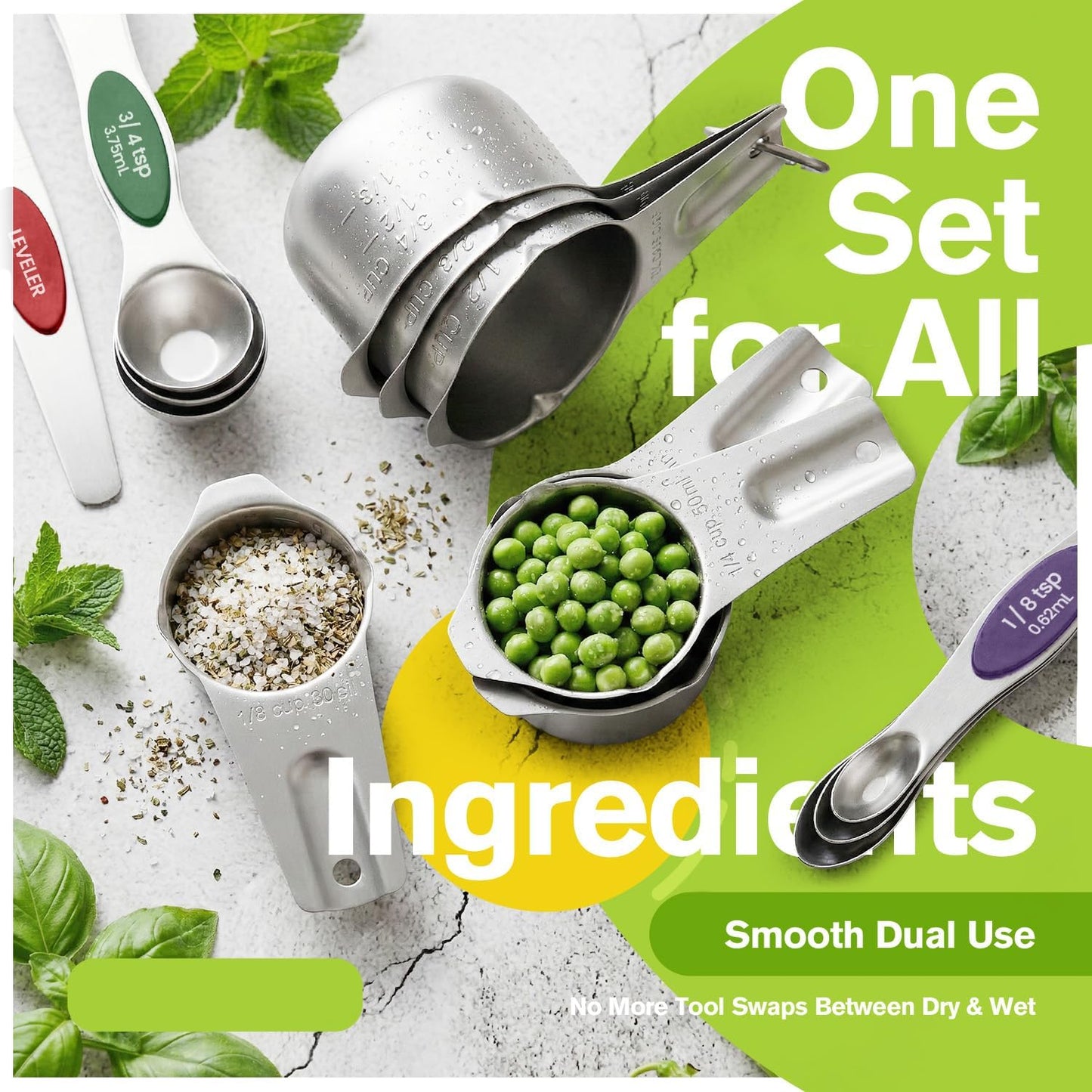 ChefAide Pack of 8 Stainless Steel Magnetic Measuring Spoons Set, Dual Sided, Stackable, Adjustable Teaspoon and Tablespoon Measure Spoon with Leveler, Kitchen Gadgets