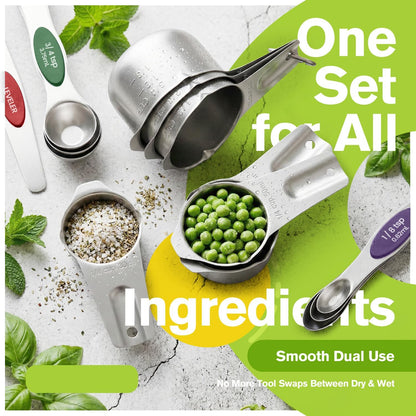 ChefAide Pack of 8 Stainless Steel Magnetic Measuring Spoons Set, Dual Sided, Stackable, Adjustable Teaspoon and Tablespoon Measure Spoon with Leveler, Kitchen Gadgets