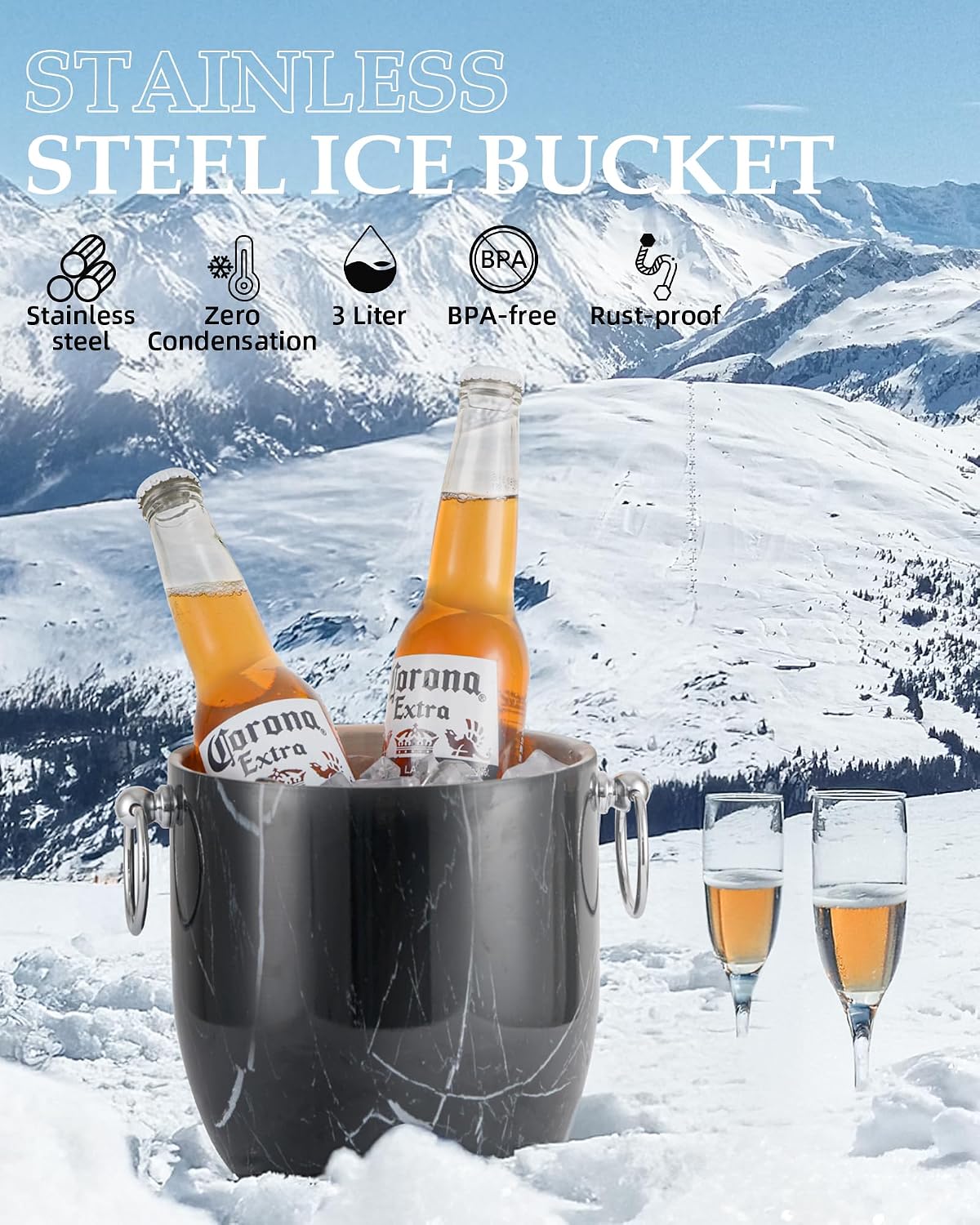 Insulated Ice Bucket, 3L Double Wall Stainless Steel Ice Bucket with Tongs,Lid, Scoop and Strainer, Ice Buckets for Parties,Cocktail Bars, Chilling Beer, Champagne, Wine Bottles