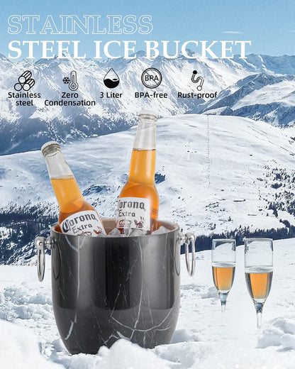 Insulated Ice Bucket, 3L Double Wall Stainless Steel Ice Bucket with Tongs,Lid, Scoop and Strainer, Ice Buckets for Parties,Cocktail Bars, Chilling Beer, Champagne, Wine Bottles