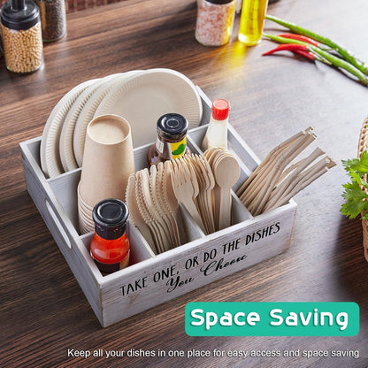 ALELION Acacia Wood Utensil Holder for Party - Paper Plate Organizer for Countertop - Silverware Caddy with 6 Compartments for Plate, Cup, Fork, Spoon - Cutlery Holder for Kitchen Camping Buffet