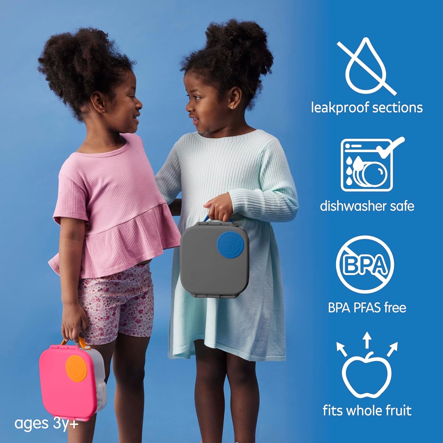b.box Mini Lunch Box 2-Pack, Leak Proof Bento Box for Kids, 3 Compartment Snack Containers Ages 3+, Lunchbox for Daycare + School, Dishwasher Safe, BPA-Free, PFAS-Free, 4.25 Cup - Blue + Green