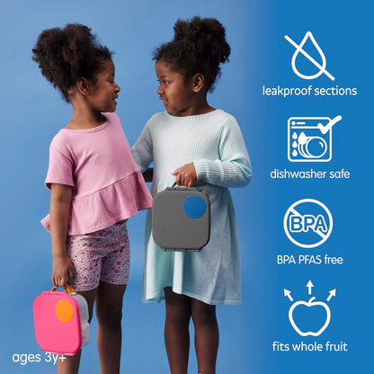 b.box Mini Lunch Box 2-Pack, Leak Proof Bento Box for Kids, 3 Compartment Snack Containers Ages 3+, Lunchbox for Daycare + School, Dishwasher Safe, BPA-Free, PFAS-Free, 4.25 Cup - Blue + Green