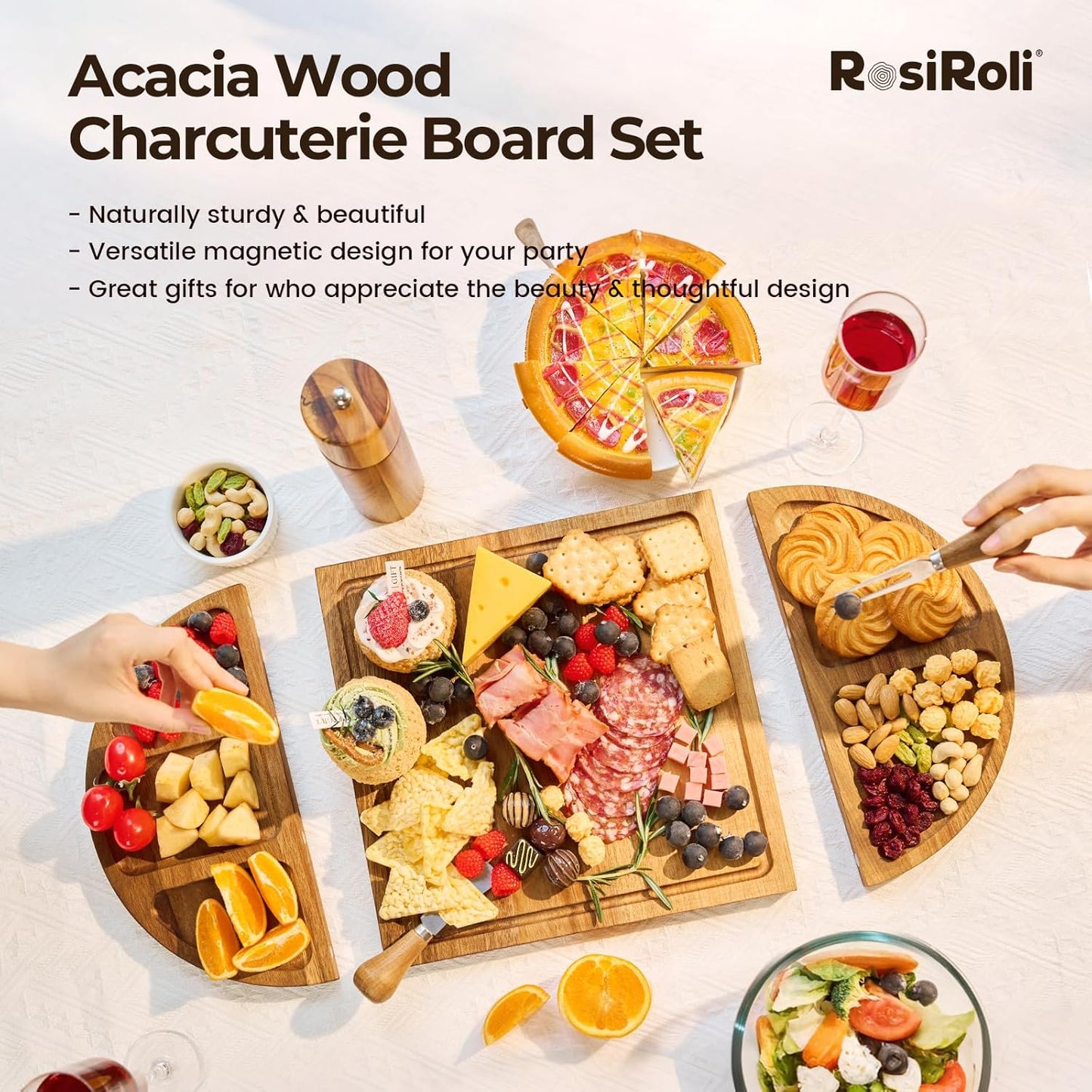 Charcuterie Board and Serving Set -Natural Bamboo Cheese Board Snack Tray Set with Magnetic - House Warming Gifts New Home, Wedding Gift, Bridal Shower Gift, Gifts for Mom & Women