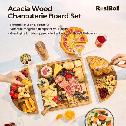 Charcuterie Board and Serving Set -Natural Bamboo Cheese Board Snack Tray Set with Magnetic - House Warming Gifts New Home, Wedding Gift, Bridal Shower Gift, Gifts for Mom & Women