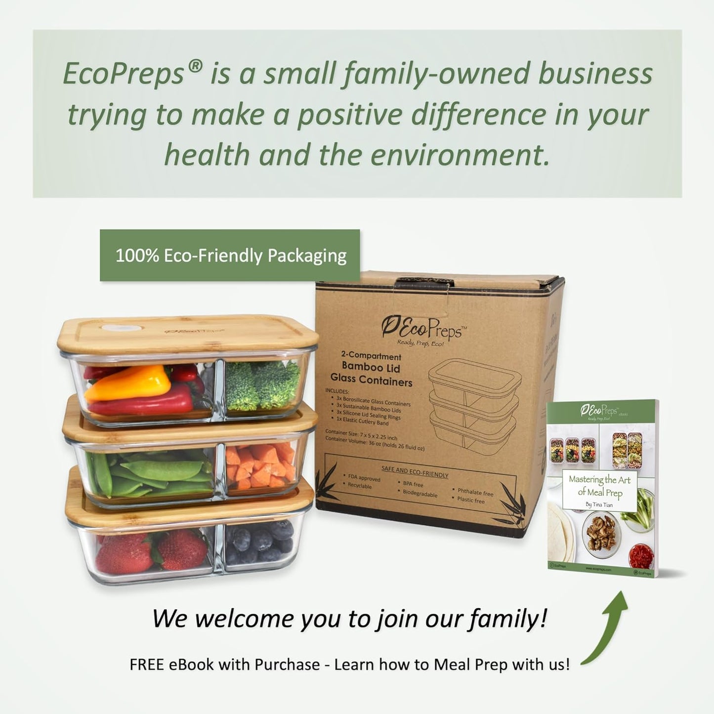 EcoPreps Glass Bento Box Containers with Bamboo Lids, 3 Compartment Glass Meal Prep Containers (3 Pack) - 100% Plastic Free, Eco-Friendly Lunch Container Set, Bamboo Lid Bento Boxes for Adults