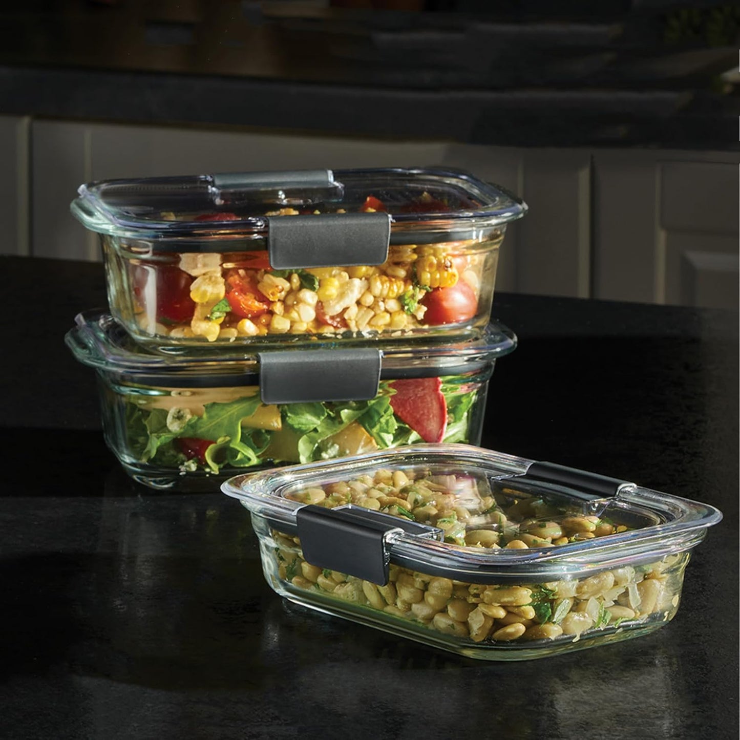 Rubbermaid Brilliance Glass Food Storage set of 4 containers 8 total pieces (4 containers + 4 lids) for Lunch Meal Prep and Leftovers Dishwasher and Oven Safe Clear/Grey