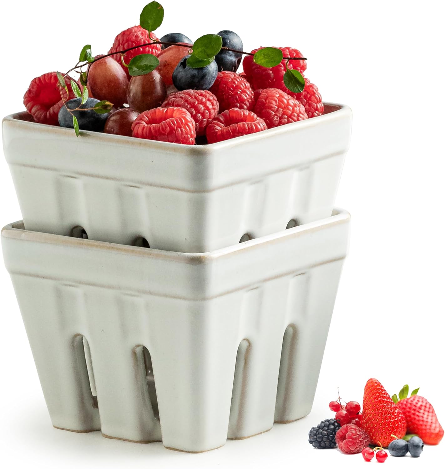 Gomakren Berry Bowls with Holes Ceramic, Berry Washing Bowl Basket Set of 2, 5.8 Inch Round Fruit Bowl Storage Containers, Strawberry Baskets, Farmhouse Kitchen Decor, Yellow + Brown