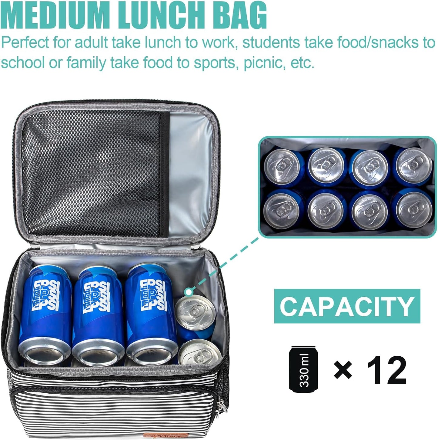 Tiblue Insulated Lunch Bag for Women/Men, Reusable Lunch Box for Office Work School Picnic,Leakproof Freezable Cooler Bag with Adjustable Shoulder Strap for Kid/Adult(Medium, Black & White Stripes)