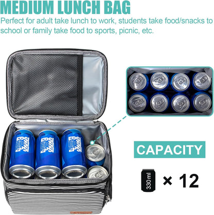 Tiblue Insulated Lunch Bag for Women/Men, Reusable Lunch Box for Office Work School Picnic,Leakproof Freezable Cooler Bag with Adjustable Shoulder Strap for Kid/Adult(Medium, Black & White Stripes)