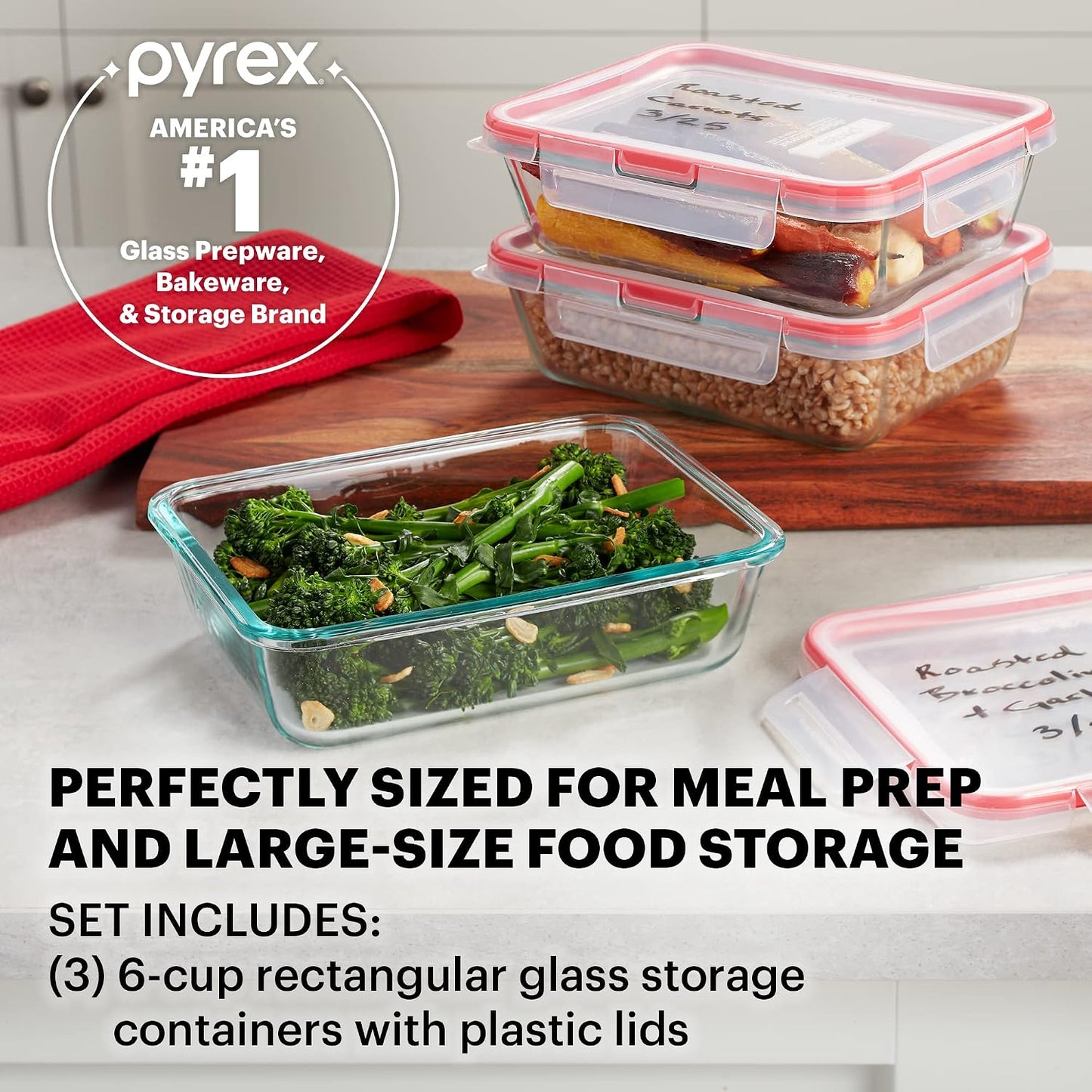 Pyrex Freshlock (4-Pack) Mixed Sized Glass Food Storage Containers Set, Airtight & Leakproof Plastic Locking Lids BPA-Free, Meal Prep Containers Set, Freezer Dishwasher Microwave Safe