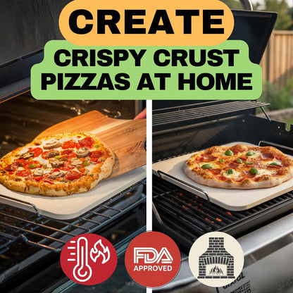 Pizza Stone for Oven and Grill Set - 5PCS Pizza Making Accessories Kit - 15 inch Pizza Stone with Handles, Pizza Peel, Pizza Cutter, Dough Tool - Baking Stone for Bread - Large Rectangular Oven Stones