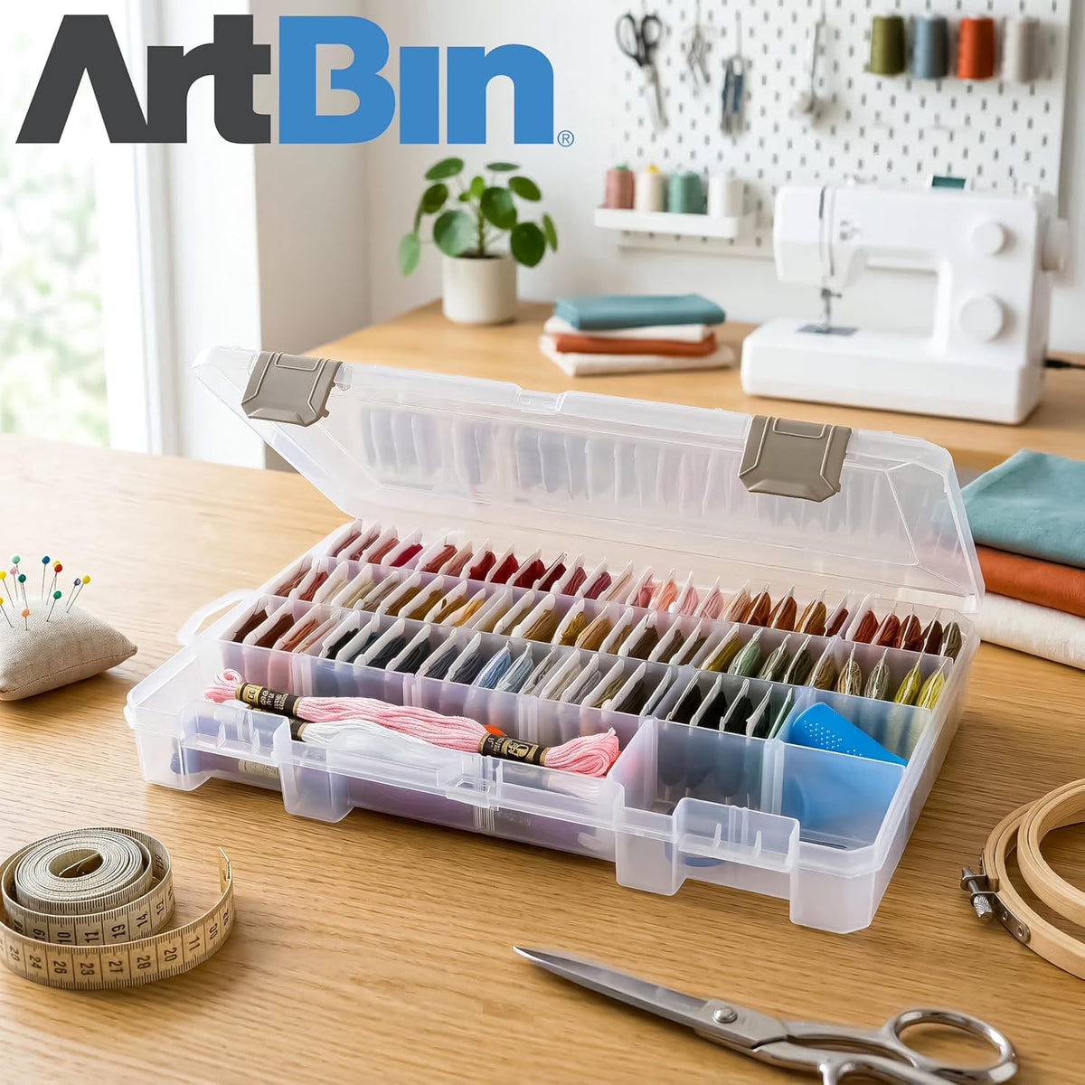 ArtBin Floss Finder Box: Clear Sewing Organizer with 6 Compartments, 12 Dividers, Durable - Perfect for Embroidery Floss and Small Sewing Supplies Storage