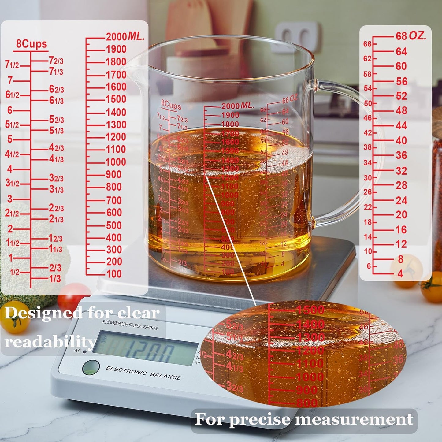 Ackers BORO3.3 Measure Glass -[Insulated handle | V-Shaped Spout]-Made of High Borosilicate Glass Measuring for Kitchen or Restaurant, Easy to Read, 60 ML (2 Oz) 丨(2 Pack)