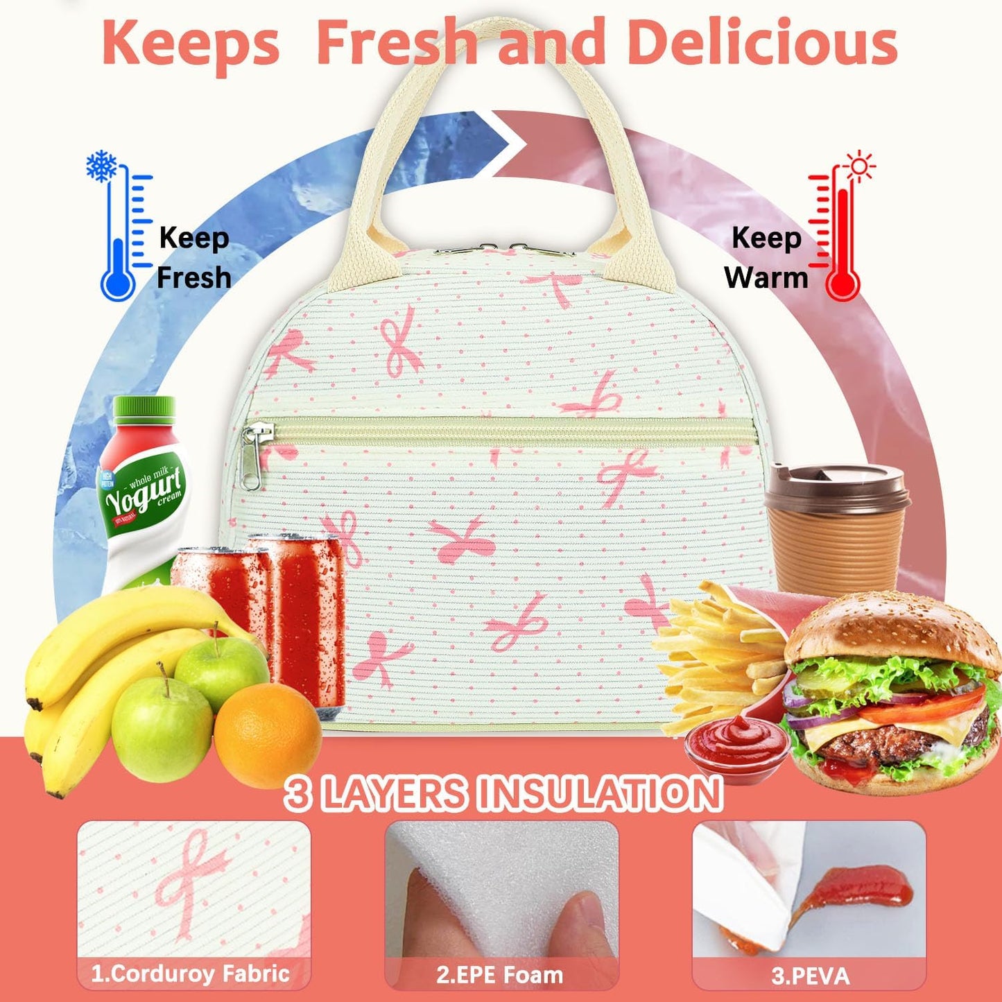 GYEUKHAM Lunch Bag Women, Lunch Box for Adult Men Kids Girls, Small Cute Lunchbox Tote Large Capacity Insulated Lunch Container Cooler for Work School Picnic Travel, Black White Stripes
