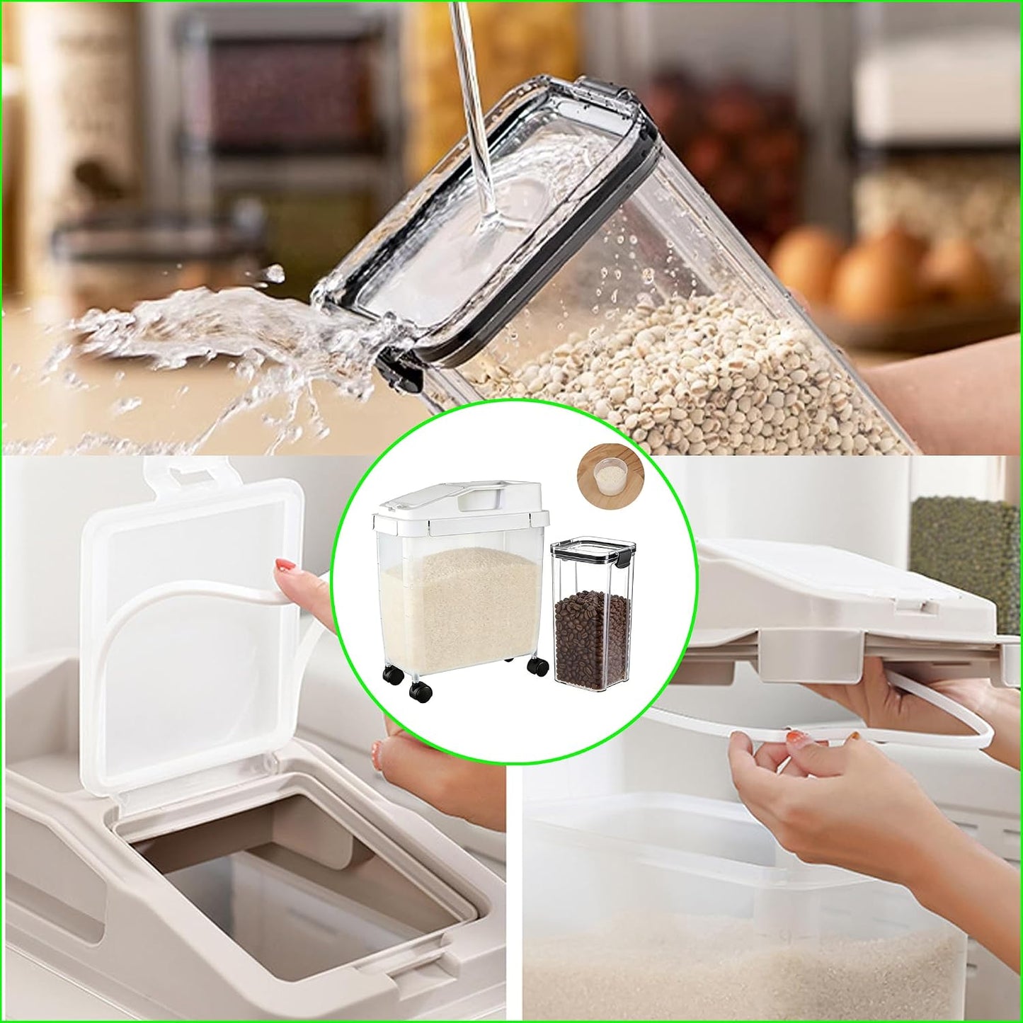 10LRice Container and1.3LStorage container,Storage container Airtight Rice Storage Container with Scale Wheels and Measuring cup, BPA Free Food Dispenser for Rice, Flour, Cereal, Pantry Organization