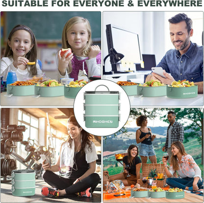 RIKDOKEN Lunch Box, Stackable 3 Layers Containers, Portable 94OZ Large Capacity Leakproof Bento Box with Spoon & Fork & Sauce Boxes, Microwave Safe Lunch Box for Kids and Adults