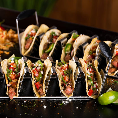 BLACKSTONE 5551 Deluxe Taco Holder Stand Pack of 2 - Stainless Steel Taco Racks With Heat Resistant Handles - One Tray Holds 6 Tacos - Dishwasher Safe, Black/Silver