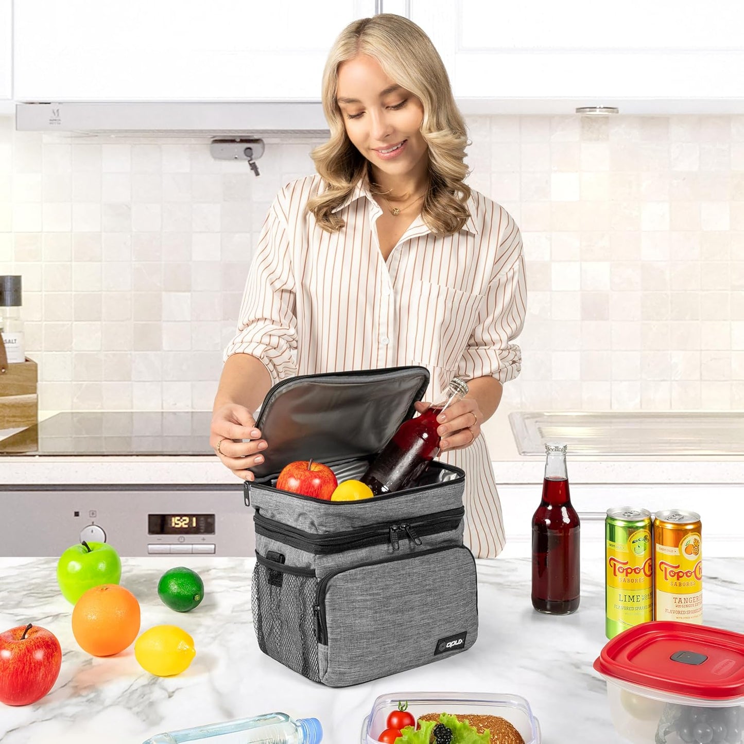 opux Insulated Lunch Bag for Men Women, Large Dual Compartment Cooler Bag, Soft Two Deck Lunch Box for Work School Picnic, Leakproof Lunch Tote with Shoulder Strap for Kid Adult (Purple, Double Deck)