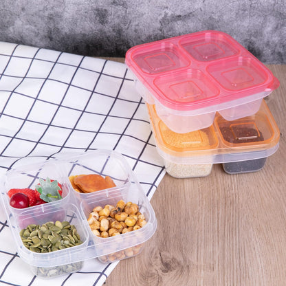 Finorder 6 Pack 4-Compartment Snack Containers, Reusable Food Containers for Kids School, Adults Office, Picnic Trip, Lunch Bento Box Meal Prep Containers (Bright Color Set)