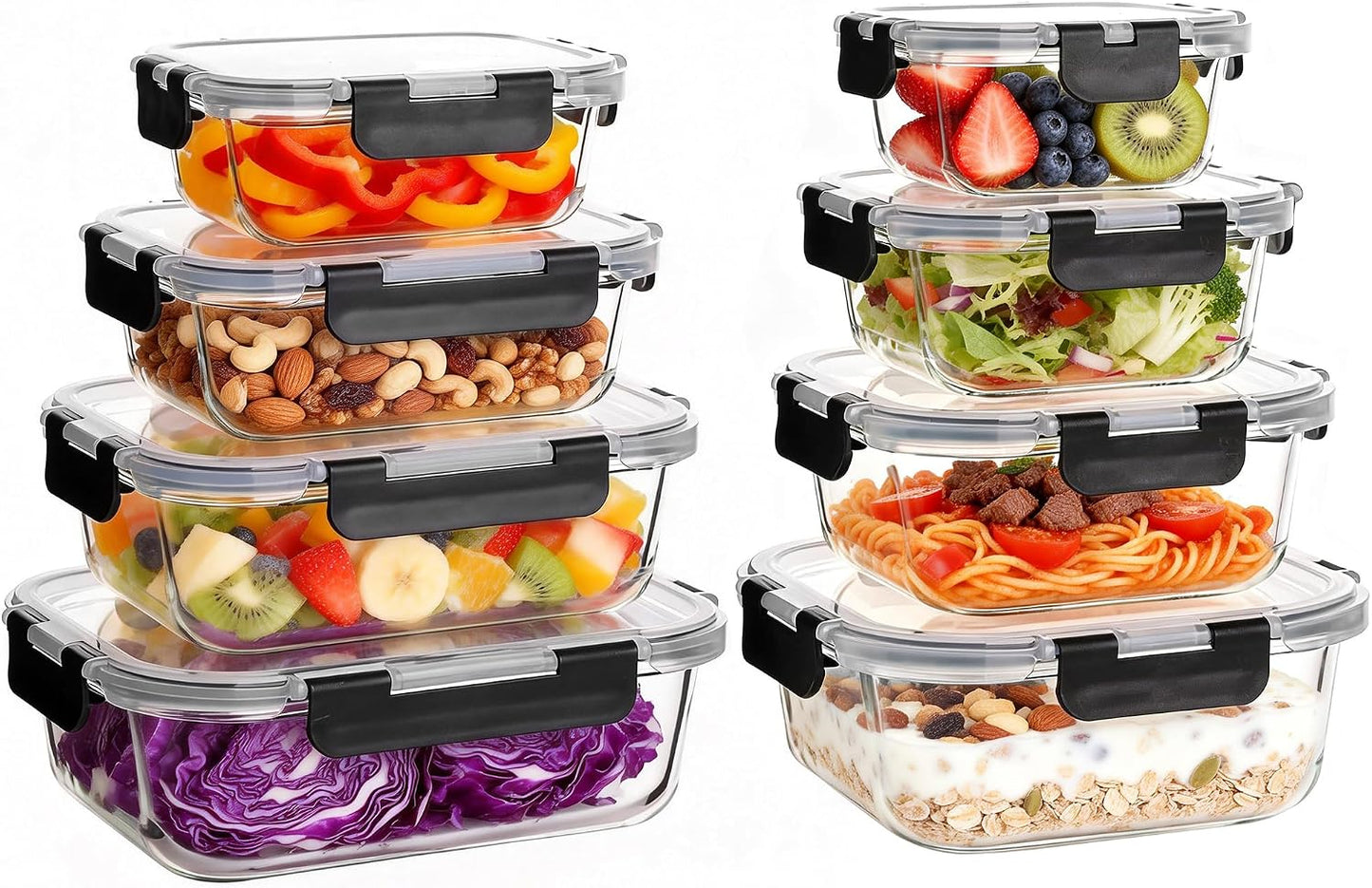 8-Piece 36oz Glass Meal Prep Container Set Clear Glass Food Storage Containers Set, Airtight Food Storage Containers for Coffee, Sugar, Flour, Spices, BPA-Free